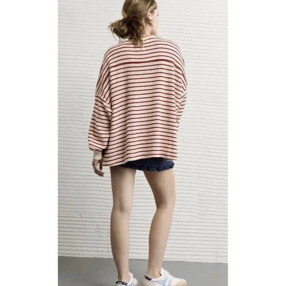 American Eagle M Lived-In Waffle Knit Striped Oversized Sweater Coastal Casual - Picture 3 of 14